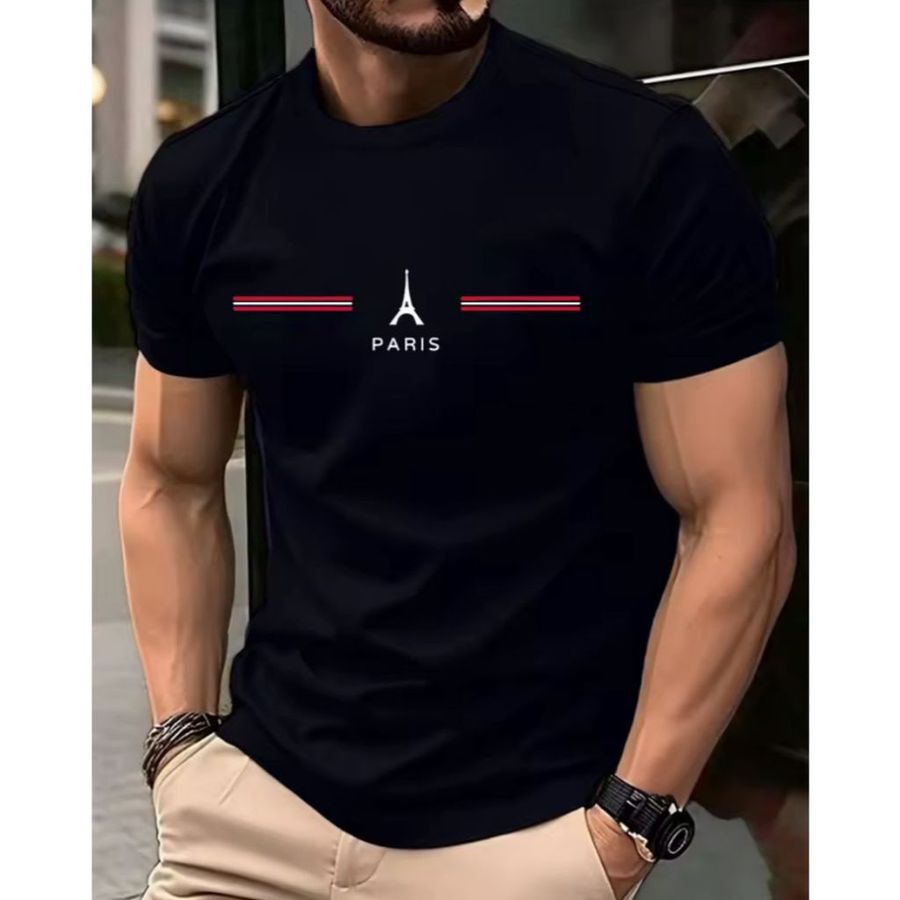 Camiseta Masculina 100% Algodão Paris Torre Listras Camisa Casual Manga Curta Várias Cores
