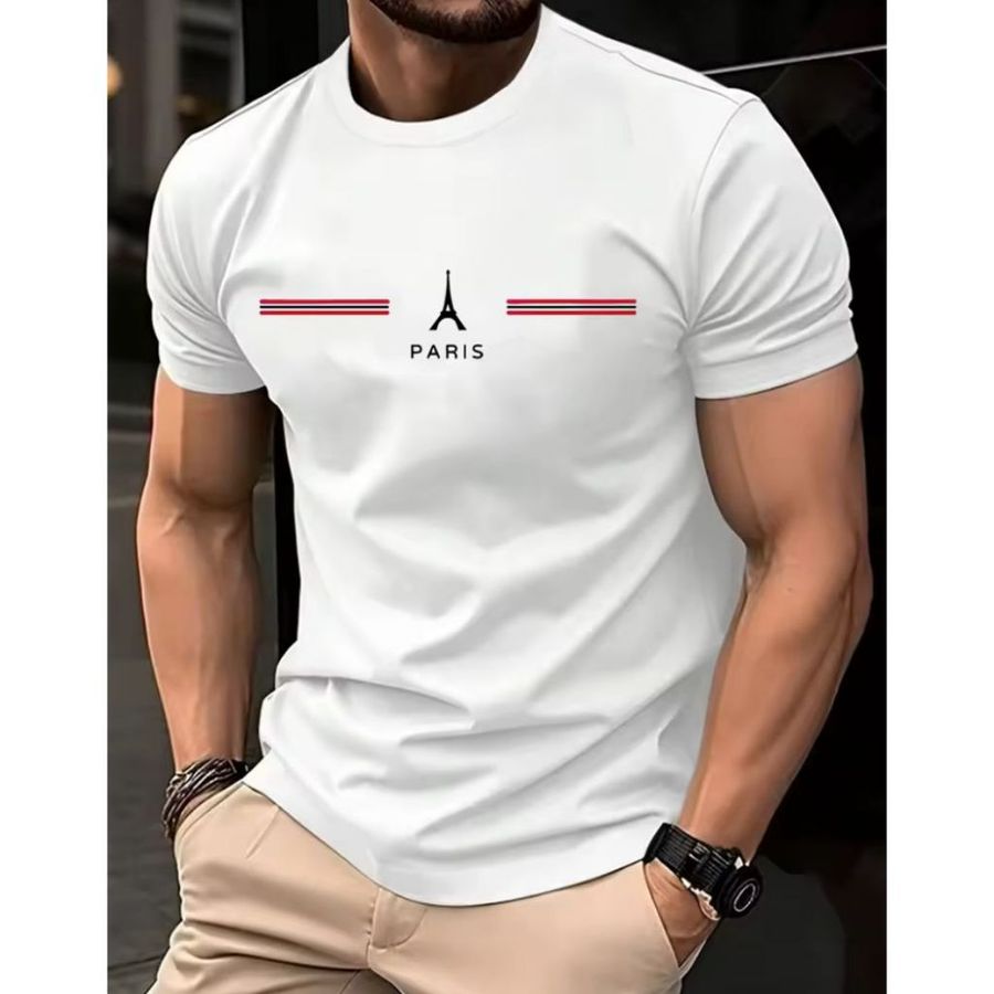 Camiseta Masculina 100% Algodão Paris Torre Listras Camisa Casual Manga Curta Várias Cores