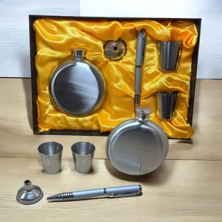 Kit Cantil Porta Bebidas Com 2 Copos Shot Funil Wisky E Caneta