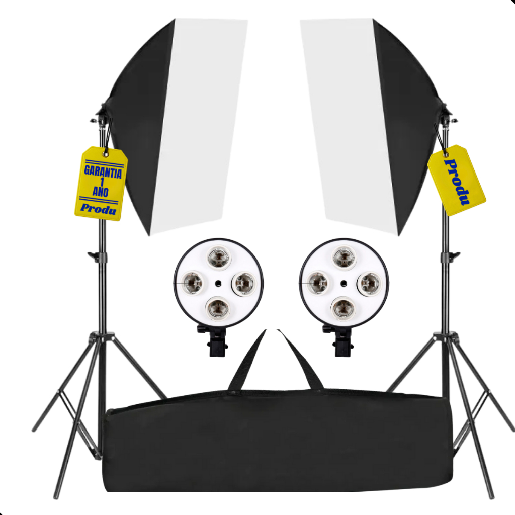 Kit 2 Softbox Estúdio Fotográfico 4 Lampada 50x70cm Tripe Iluminacao Continua E27 Sombrinha