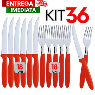 Kit 36 Utensílios de cozinha Inox 18 Garfos 18 Facas Premium Multiuso Linha Colorida Vermelho