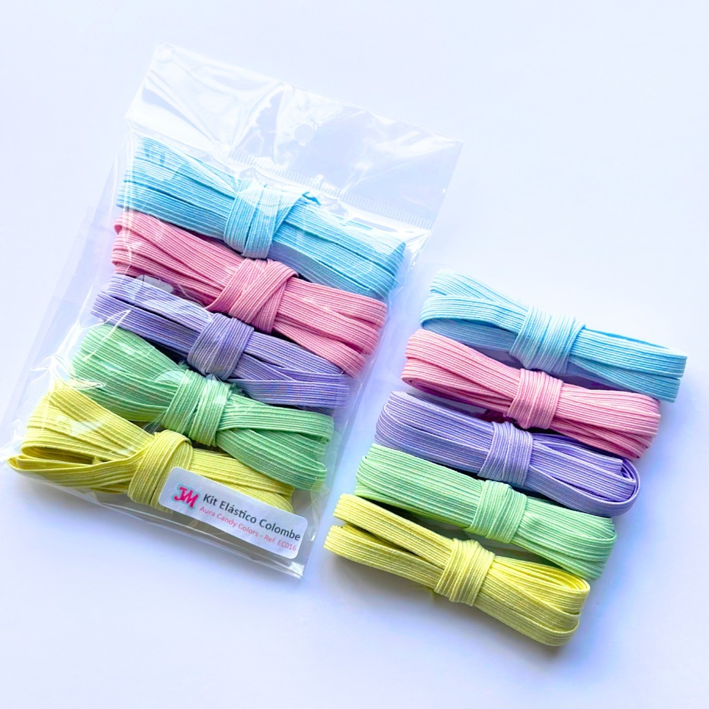 Kit Elástico Chato 7mm Colorido 10m São José Colombe Costura Artesanato Encadernação Aura Candy Colors - ref. EC016