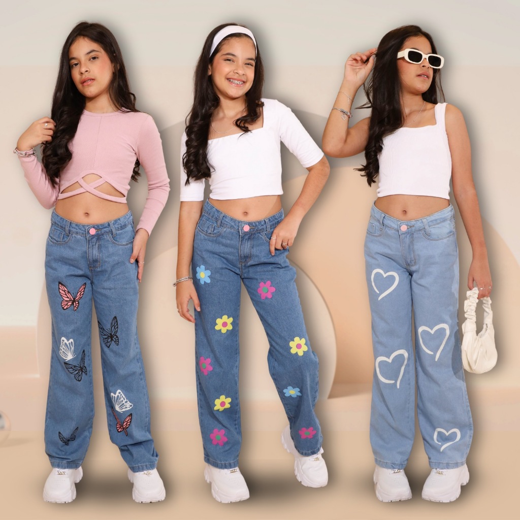 Calça Infantil Jeans Feminina Wide Leg com Elástico Juvenil 4 a 16 Anos ...