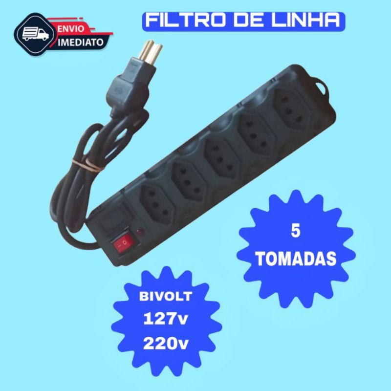 FILTRO DE LINHA 5 TOMADAS TRIPOLAR CABO 3X1.00mm 85cm  COM FUSÍVEL PROTEÇÃO 10A.