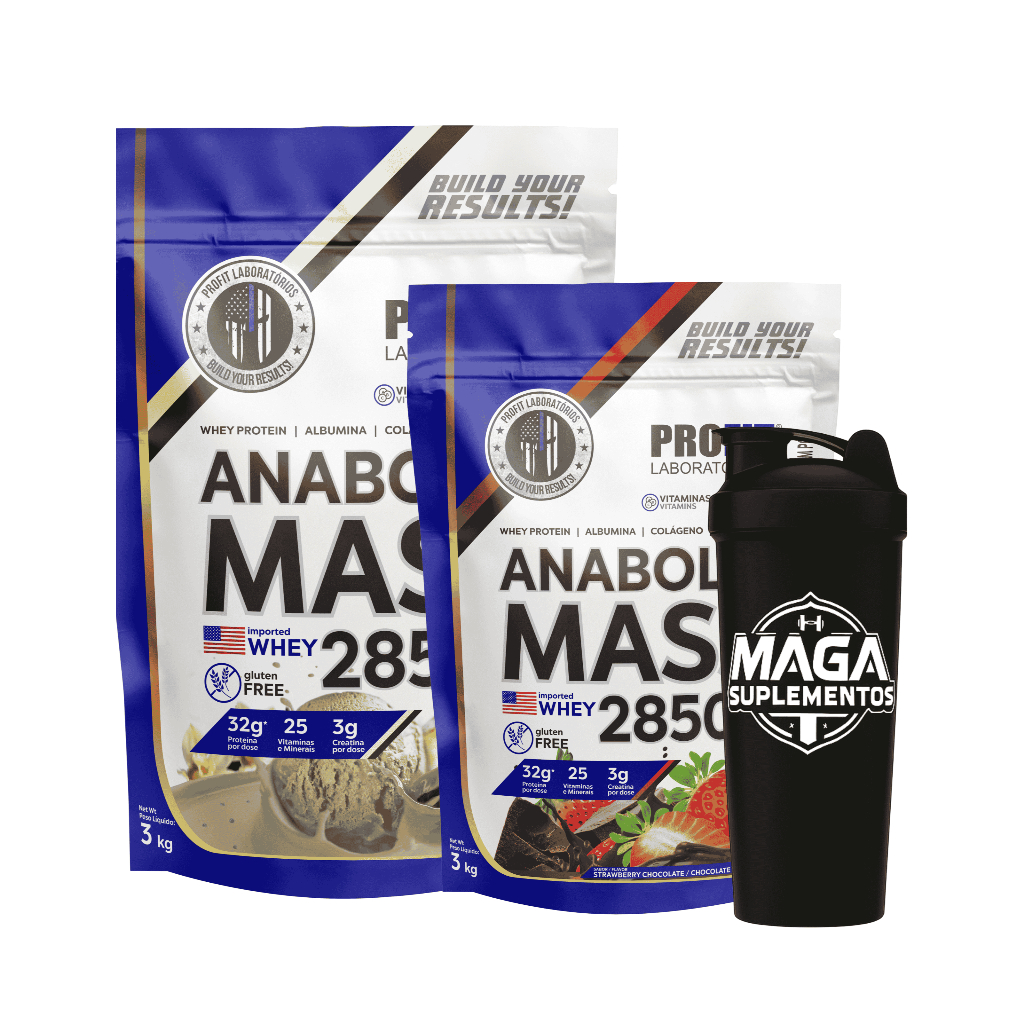 Hipercalórico Anabolic Mass 28500 - 3kg - Profit Labs Sabores + Coqueteleira Maga Suplementos Shaker 600 ml