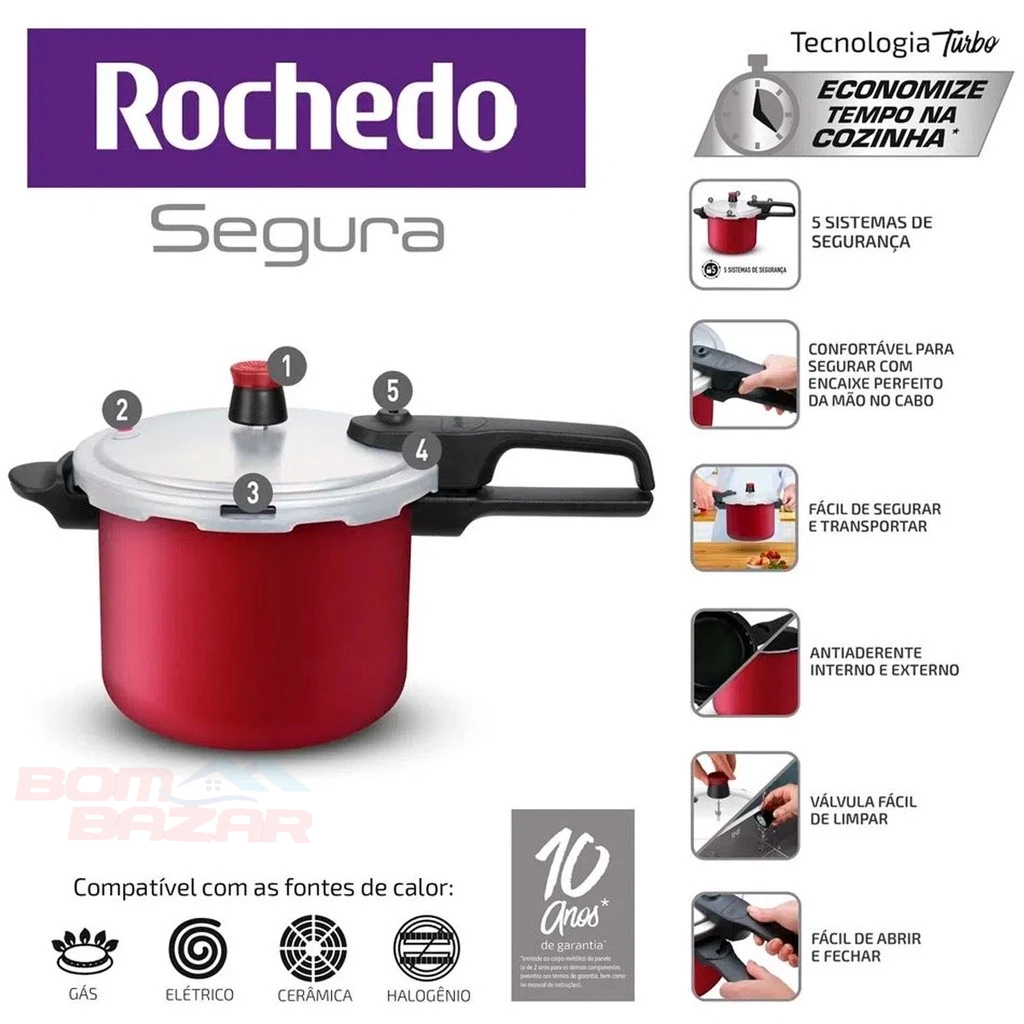 Panela de Pressão Rochedo 4,5L Vermelha Fechamento Externo Antiaderente ...