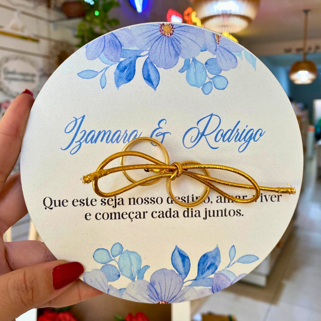 Porta Alianças Casamento Azul Serenity MDF 15x15cm Personalizado com Nomes