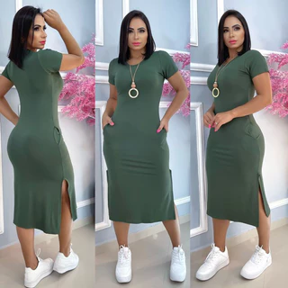 Vestido midi feminino com fenda lateral e bolso viscolycra