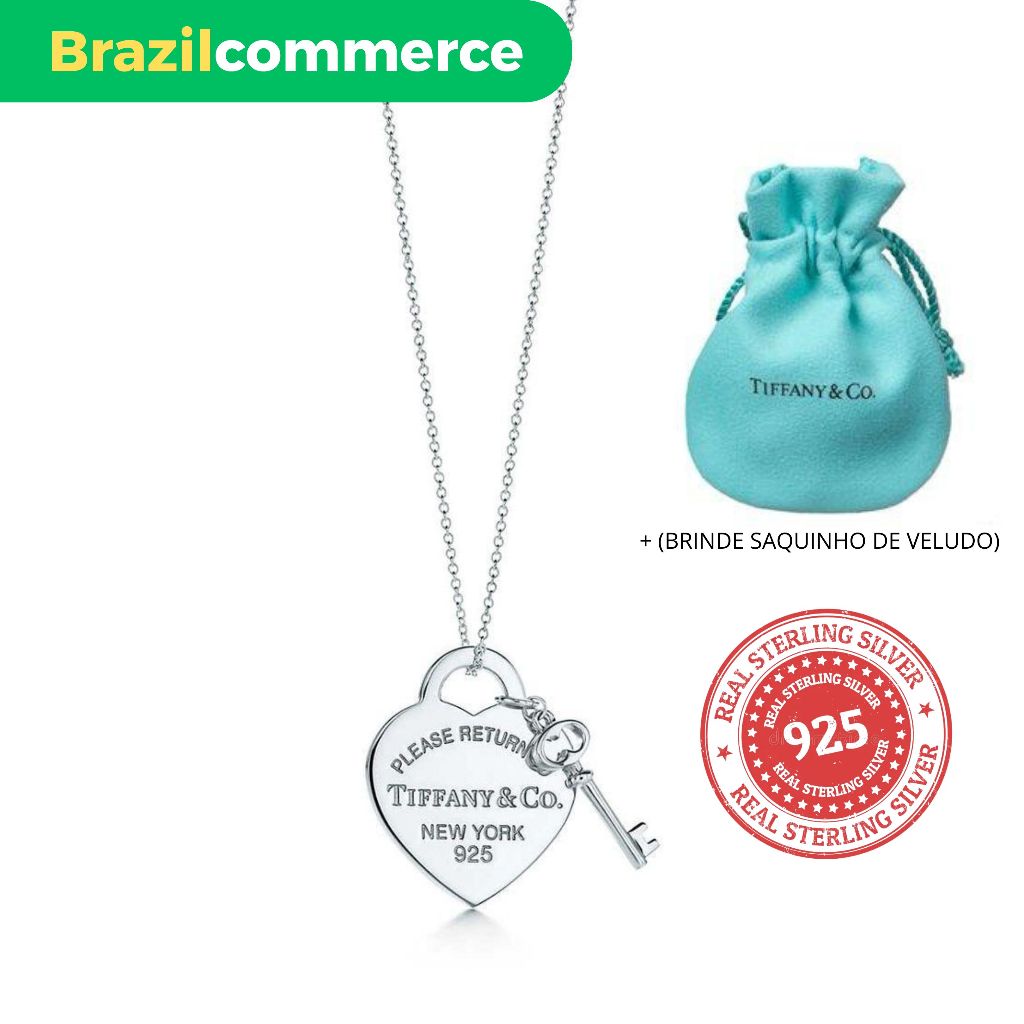 Colar Tiffany de Prata 925 Berloque de Coração e Chave + (Brinde ...