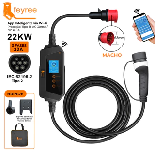 Feyree Carregador Carro Elétrico Portátil 22kw 11Kw 3P 32A 16A Tipo2 Com App IP66 à prova d'água Com LCD em Oferta na Shopee