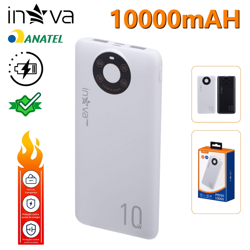 INOVA Carregador Portátil Power Bank 10000mAh, Turbo Universal, Display ...