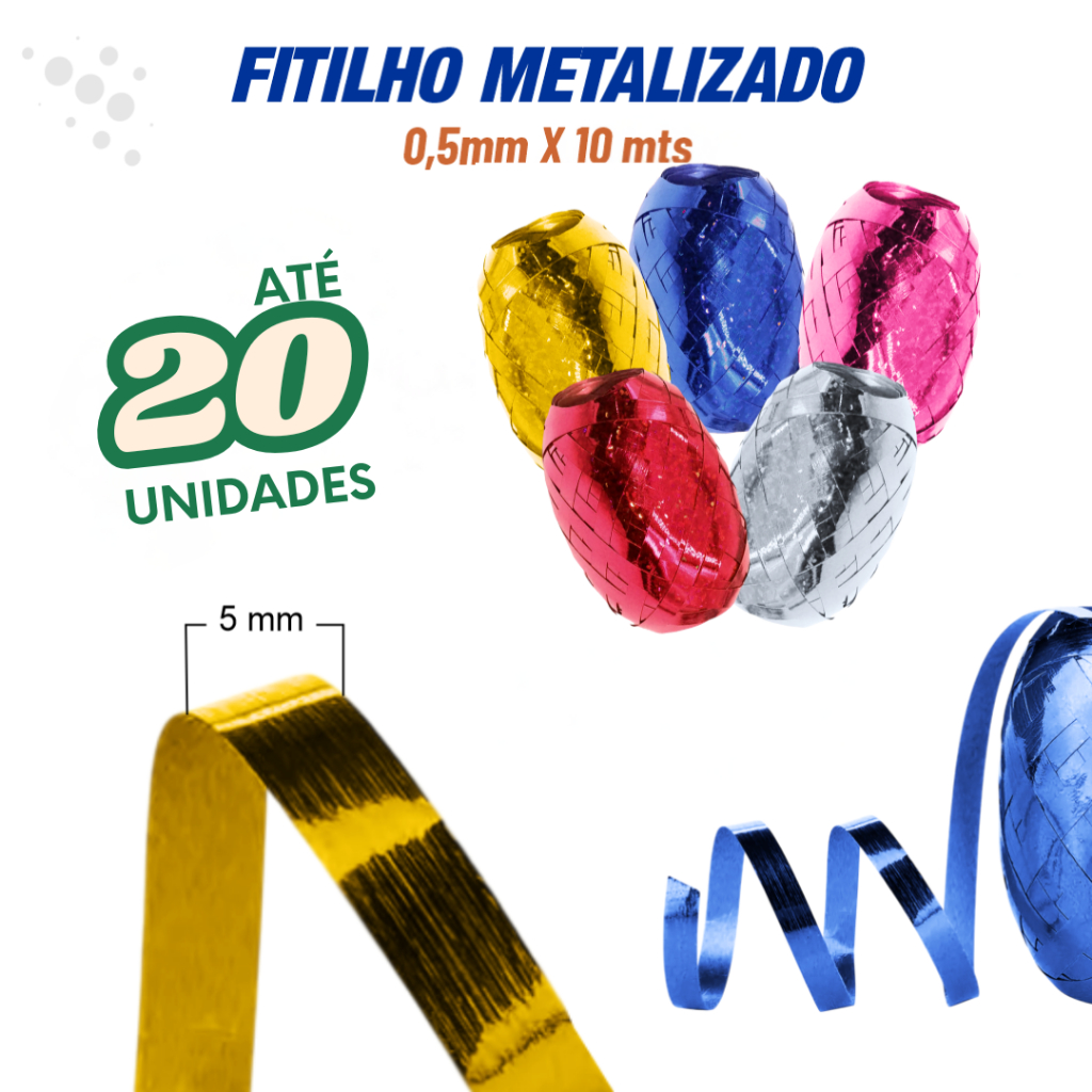 Kit até 20 Rolos Fitilho Metalizado 5MM Cores Laminadas Balões ...