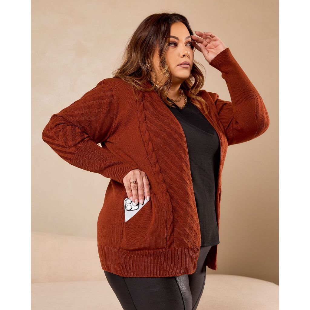 Casaco Cardigan Com Bolso e Trança Plus Size | Shopee Brasil