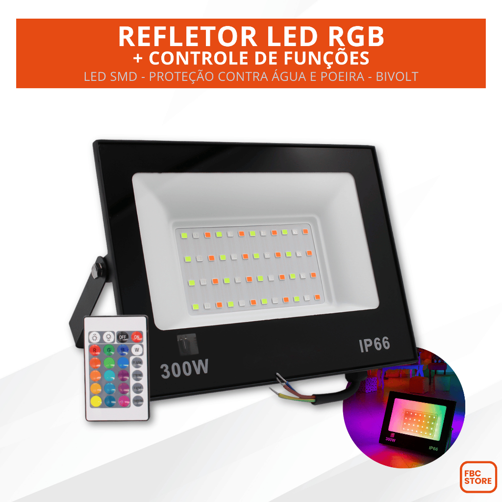 Kit Refletor 300w Rgb Holofote Bivolt Led Colorido 110v 220v IP66 Com ...