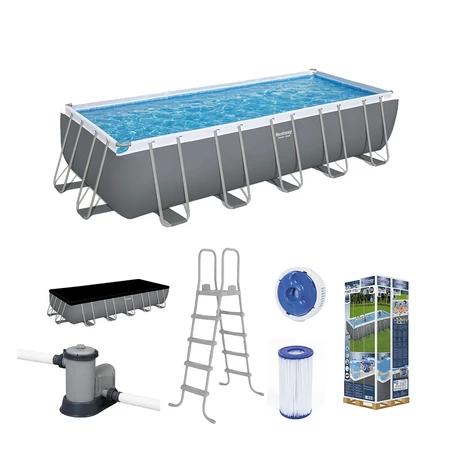 Piscina Estruturada Retangular 19.281 Litros Power Steel + Bomba Filtrante + Escada + Capa Bestway