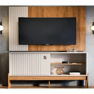 Painel com Bancada para TV até 42” – Design Moderno Decorativo em Madeira e Branco com Ripado em Oferta na Shopee