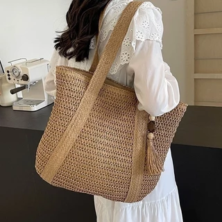 Bolsa de palha de grande capacidade para férias casuais praia portátil nova moda bolsa de ombro tecida Multineos em Oferta na Shopee