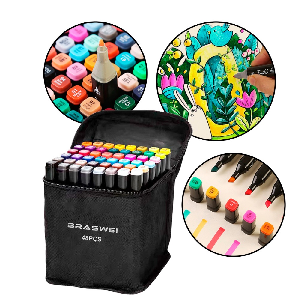 Canetinhas Coloridas Marca Texto Ponta Dupla [48 Cores] Braswei