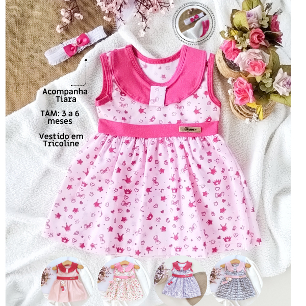 Vestido bebê c Tiara e Gola Veste de a meses várias cores