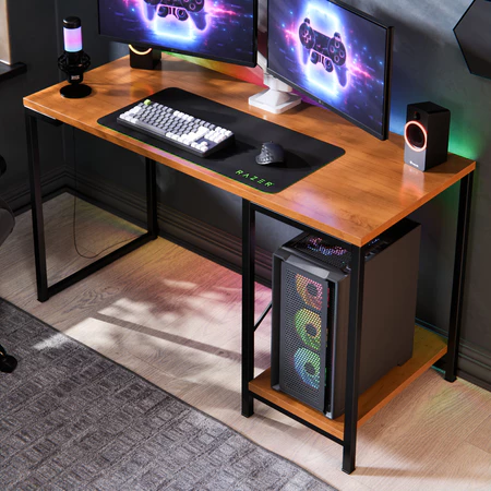 Mesa escrivaninha gamer e home office Tóquio estilo industrial com prateleira em aço e mdf