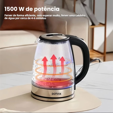 Chaleira elétrica de vidro com setas vermelhas indicando aquecimento rápido sobre mesa de centro