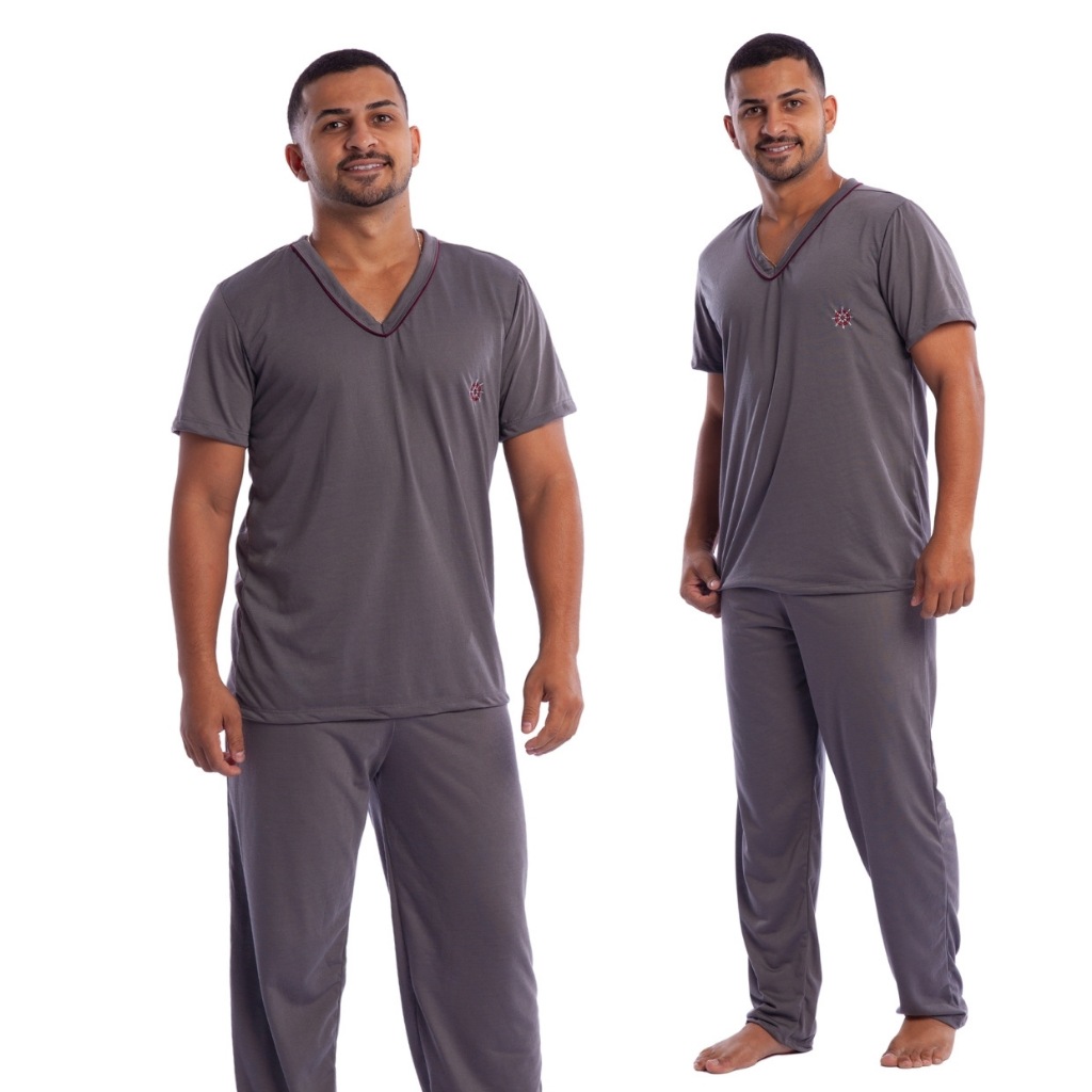 Pijama Masculino Adulto Manga Curta Calça Longo Meia Estação Malha Confortável em Oferta na Shopee