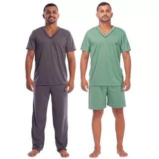 Kit 2 Pijamas Masculino Verão e Meia Estação Manga Curta e Calça Malha Promoção em Oferta na Shopee