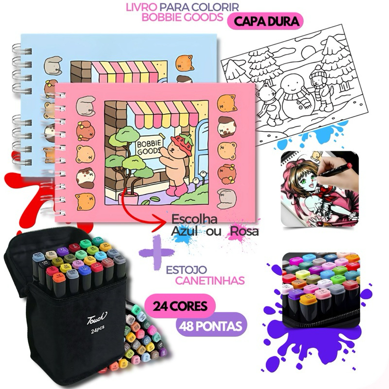 Kit livro de colorir + Canetinha 24 cores touch 2 pontas | Shopee Brasil