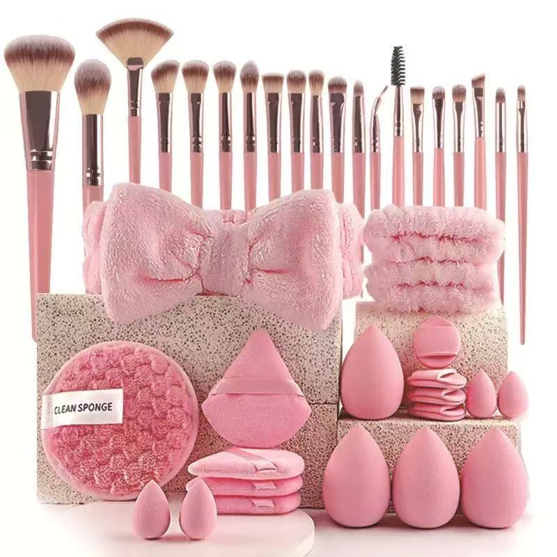 Kit completo de pincéis de maquiagem rosa com esponjas