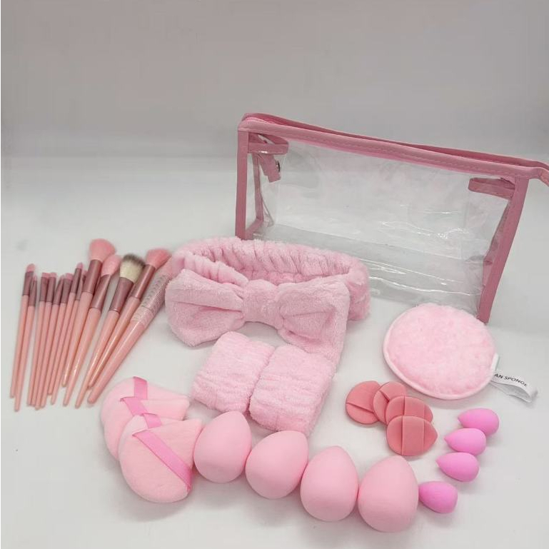 Kit rosa de pincéis esponjas e acessórios para maquiagem