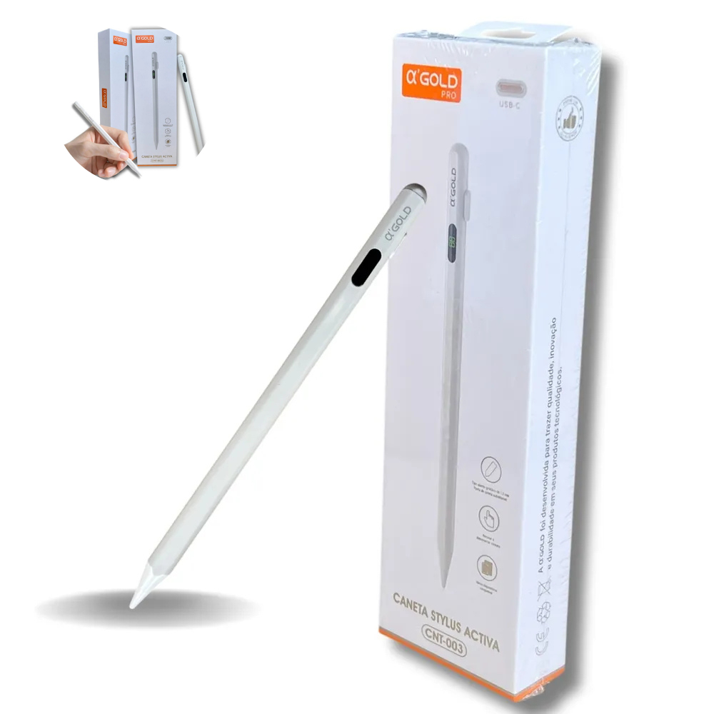 CANETA TOUCHER GOLD PRO STYLUS ACTIVA - MODELO - CNT-003 - CARREGÁVEL COMPATÍVEL ISO E ANDROID