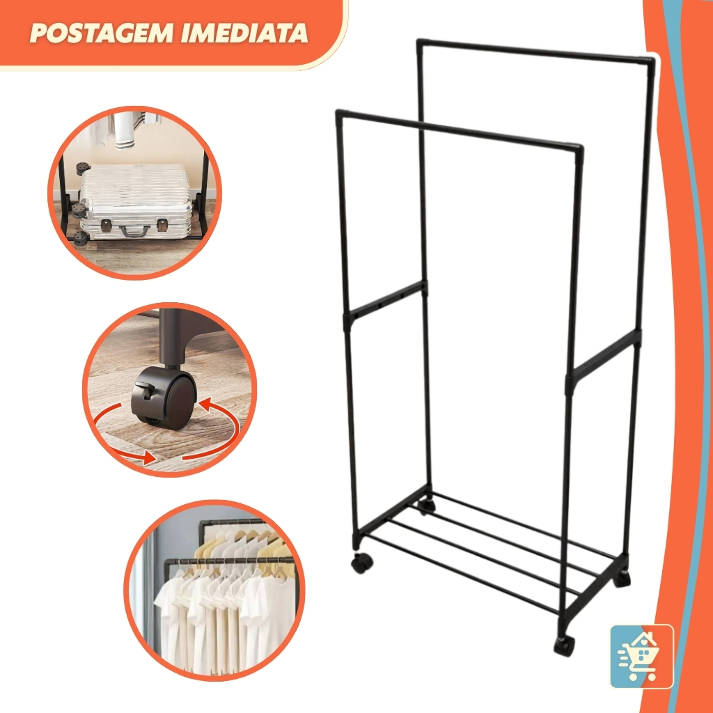 Cabideiro Arara Dupla de Roupa em Sapateira Quarto Resistente C/ Rodinha Multiuso Mais de 20 Cabides