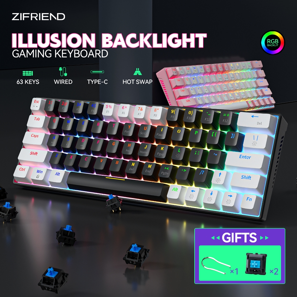 ZIFRIEND KA646 Teclado Gamer Mecânico Com Fio RGB LED Ergonômico