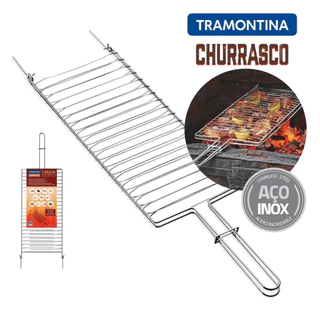 Grelha Dupla Abaulada Dobrável Fecho Aço Inox Assar Peixe Frango Carne Linguiça Churrasco Tramontina