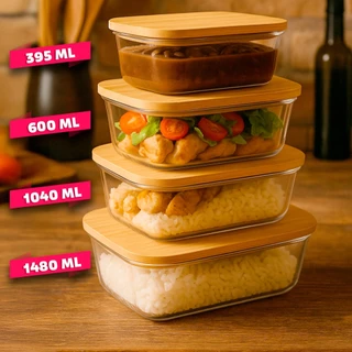 Kit 2 Potes 395ML/600ML/1040ML/1480ML Vidro Hermético Quadrado Marmita Potes Conjunto Tampa Bambu