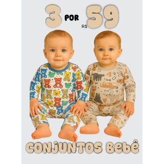 Kit Com 3 Conjuntos de Bebê Térmicos Peluciados Estampados Contendo 6 Peças, 3 Blusas + 3 Calças - Inverno Meia Estação em Oferta na Shopee