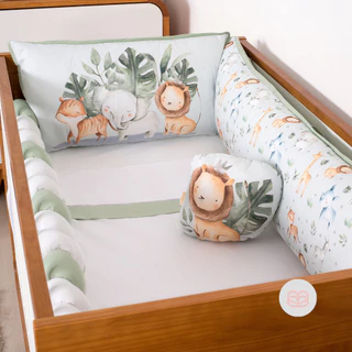 Kit Berço Safari Verde Menino 7 Peças | 100% Algodão Luxo | Enxoval Americano Completo Menino l Brubrelel Baby