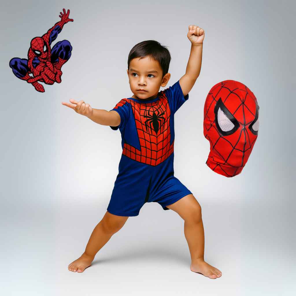 Roupa Fantasia Infantil Homem Aranha Curto Verão com Máscara de Tecido ...