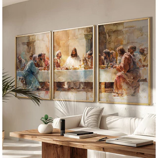 Quadros Decorativos com Moldura Filete Sala Quarto Escritório Religioso Trio Santa Ceia Aquarela