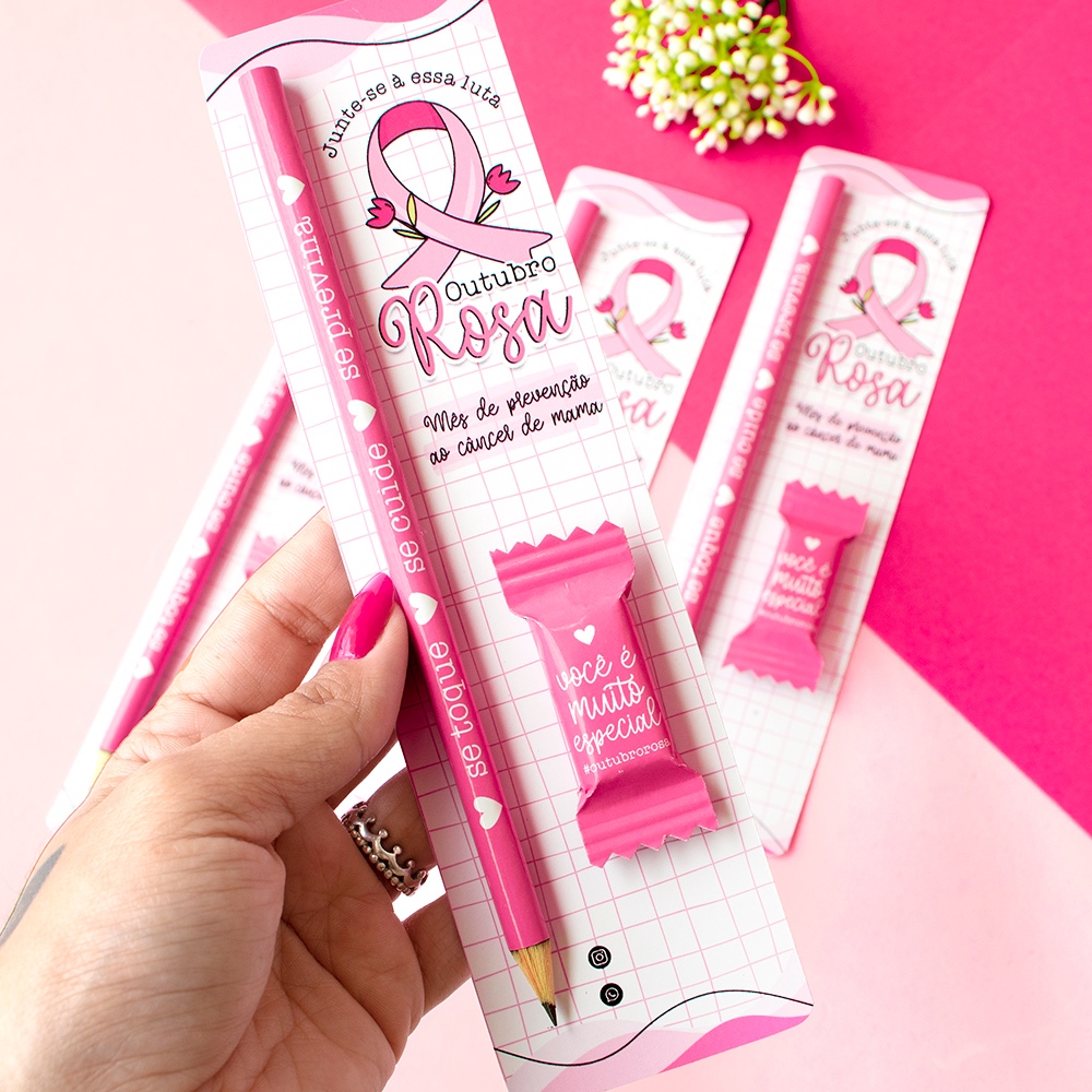 Kit 10 unidades Card com lápis + bala personalizada Tema Outubro Rosa ...