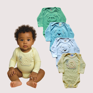 Kit 4 Bodies Bebê Bordado Manga Longa – 100% Algodão – Unissex – Estampas de Bichinhos em Oferta na Shopee