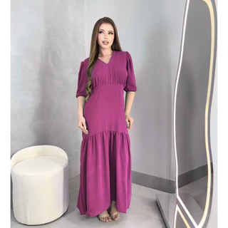 Vestido Longo Liso Duna Manga Feminino Saia Rodada e Elastico Costas Festa Evangelico em Oferta na Shopee
