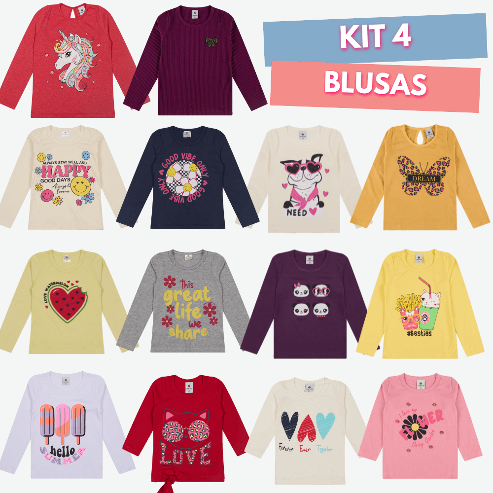 Kit Blusa Manga Longa Infantil Menina Sortida 100% Algodão Tamanho 1 ao ...