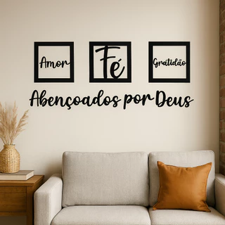 4 Quadros Vazados Amor + Fé + Gratidão + Abençoados por Deus em Mdf Cabeceira Cama Sofá