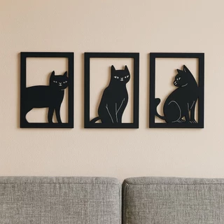 3 Quadros Vazados Gatos em Mdf 3mm Decoração Enfeite Sala Quarto