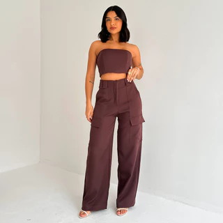 Conjunto Alfaiataria Calça Cargo com Bolso Lateral e Top sem Alça da Lunii Coleção Outono Inverno