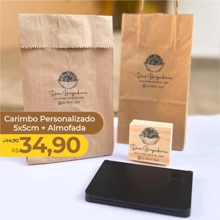 Kit Carimbo Artesanal Personalizado 5x5cm + Almofada nº 3 com Tinta para sacolas, tags, caixas, papel de seda