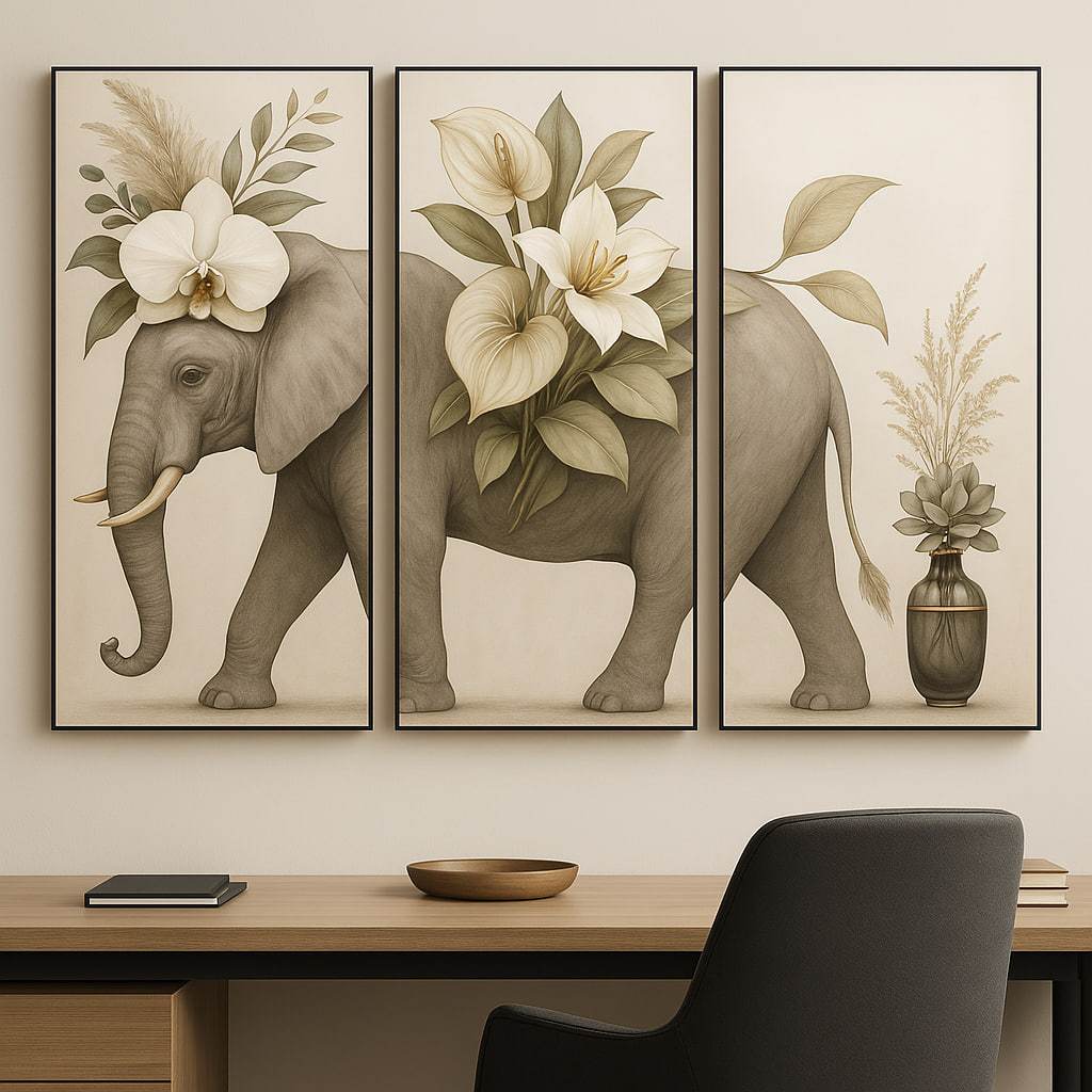Quadros Decorativos 3p decoração elefante animal flores vaso flor decocração luxo quarto sala escritório alta qualidade