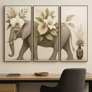 Quadros Decorativos 3p decoração elefante animal flores vaso flor decocração luxo quarto sala escritório alta qualidade