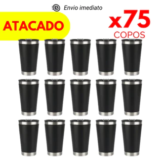 75 Copo Térmico Preto 473ml Com Tampa e Abridor de Garrafas Copo Inox Atacado Kit 75 Copos
